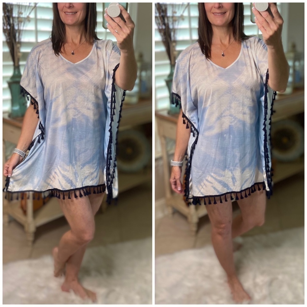 Tie Dye Boho Tassel Beach Cover Up Blue White 0921